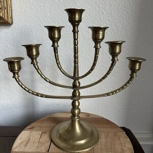 Vintage Menorah Candelabra 10‎ inch 7-Branch Candle Stick Judaica Yellow Brass